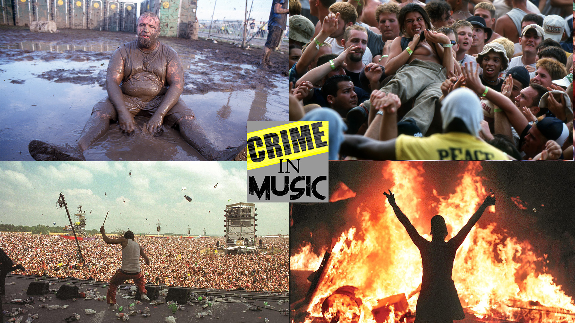 photo collage of various scenes from Woodstock 1999 festival